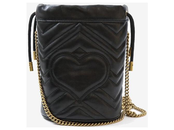 Gucci Mini Borsa Secchiello GG Marmont Nero Oro - vista 3