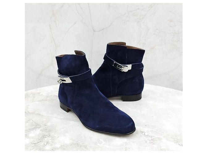 Hermès Stivali Kelly in camoscio blu navy - vista 3