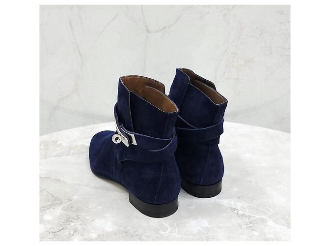 Hermès Stivali Kelly in camoscio blu navy - vista 4
