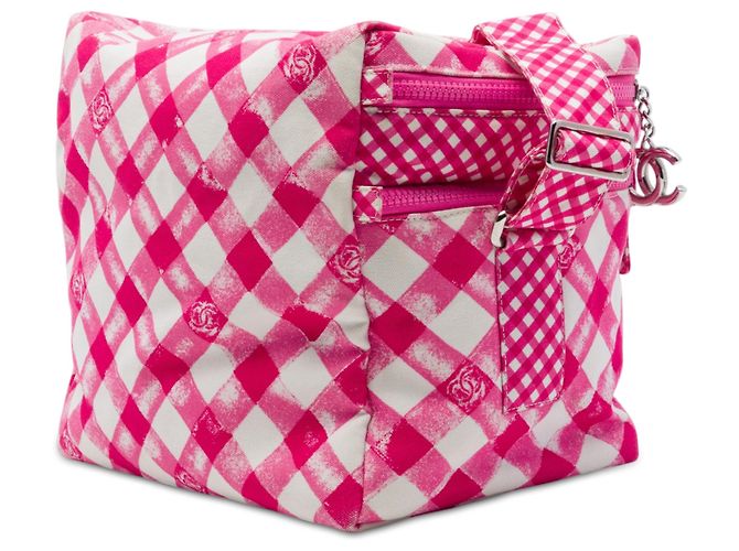 Borsa a tracolla Lunch Box Chanel in tela Gingham rosa CC - vista 2