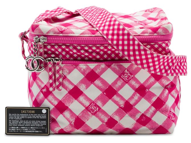 Borsa a tracolla Lunch Box Chanel in tela Gingham rosa CC - vista 7