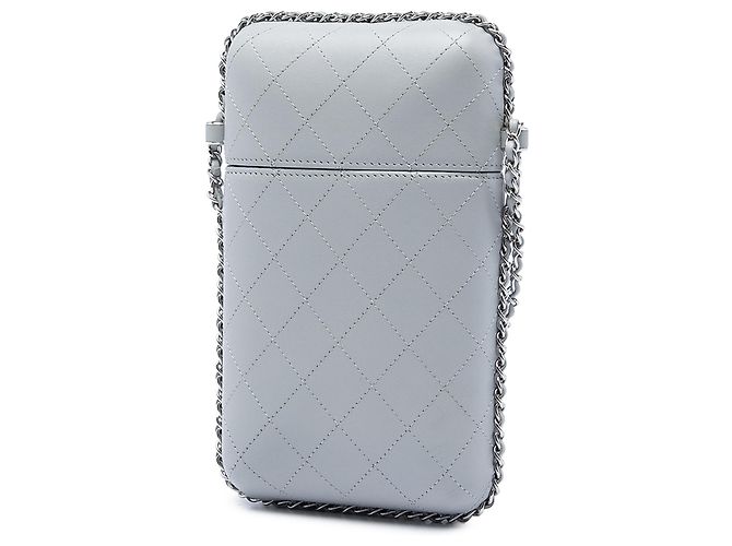 Chanel Handyhalter aus grauem gestepptem Lammleder mit CC-Kette Braun - Ansicht 2