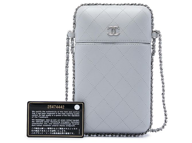 Chanel Handyhalter aus grauem gestepptem Lammleder mit CC-Kette Braun - Ansicht 6