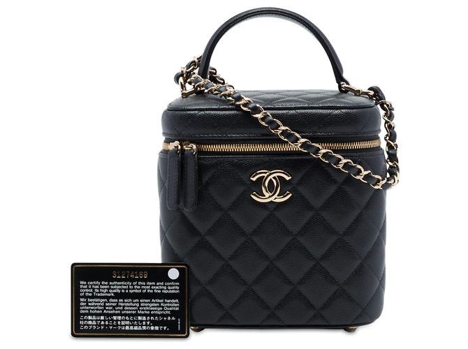 Chanel Vanity con manico superiore e catena, pelle caviar matelassé nera CC Nero - vista 7