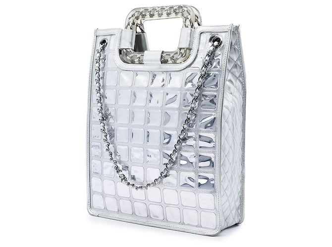 Borsa Shopper Chanel Silver CC Vinyl Ice Cube Argento - vista 2