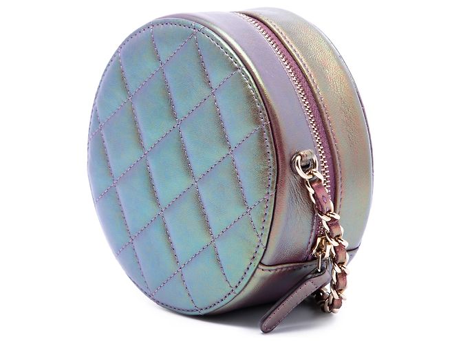 Clutch Redonda Chanel em pele de cordeiro iridescente acolchoada roxa com corrente Roxo - vista 2