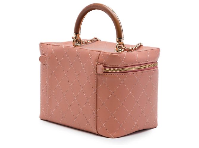 Chanel Vanity Case Knock On Wood in pelle d'agnello matelassé marrone Large Carne - vista 2