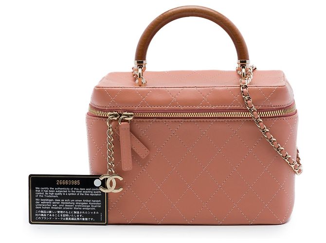 Chanel Vanity Case Knock On Wood in pelle d'agnello matelassé marrone Large Carne - vista 7
