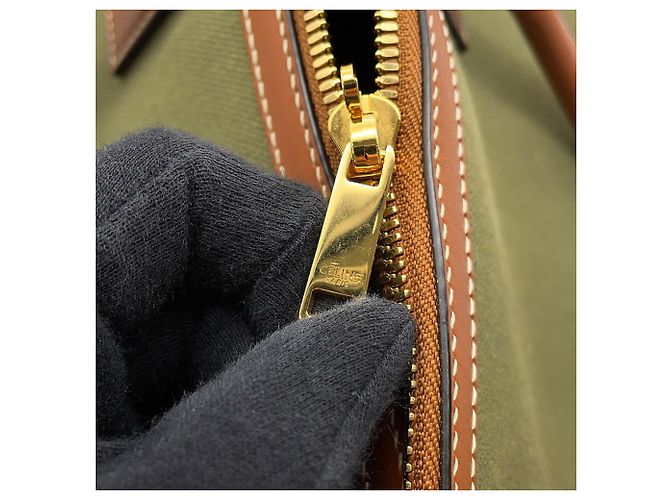 Céline Borsa Boston Celine in tela e pelle Brown Khaki Marrone Cachi - vista 11