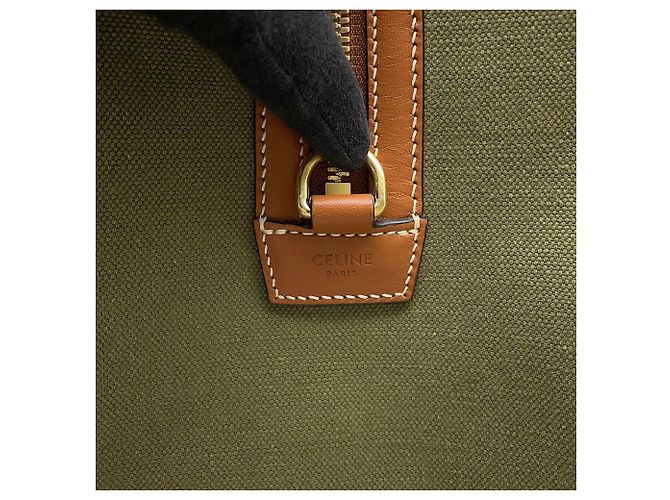 Céline Borsa Boston Celine in tela e pelle Brown Khaki Marrone Cachi - vista 15