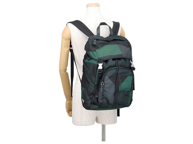 Zaino Prada in nylon e pelle nero e verde - vista 4