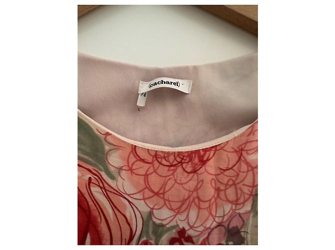Vestido de verano floral de seda Cacharel Castaño Rosa Roja Beige Verde - vista 7