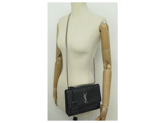 BORSA A MANO SAINT LAURENT SUNSET 442906 PELLE NERA EFFETTO COCCO TRACOLLA Nero - vista 8