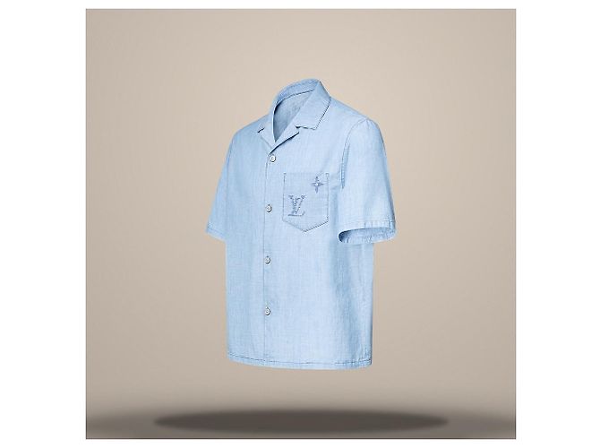 Louis Vuitton Besticktes Signature Chambray Kurzarmhemd Regular Fit Blau - Ansicht 3