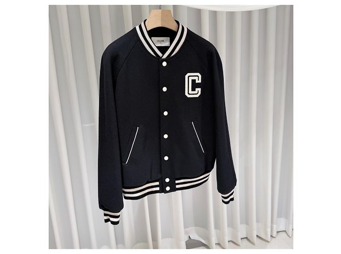 Céline Texturierte Wool Teddy Varsity Bomberjacke Schwarz - Ansicht 3