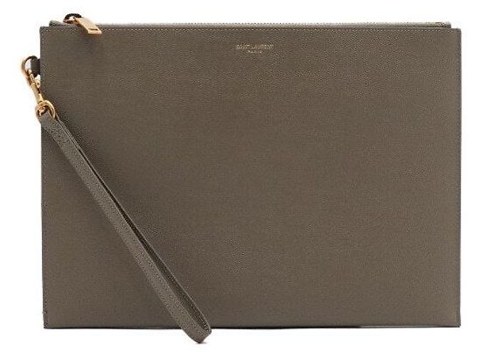 Saint Laurent Borsa Clutch in pelle kaki con tracolla per tablet - vista 2
