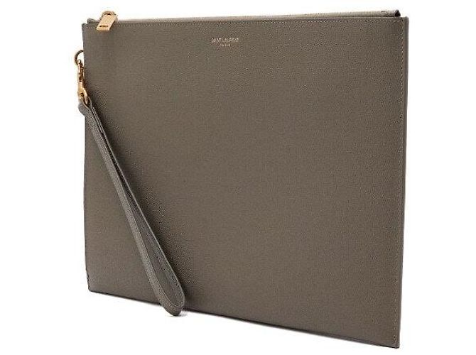 Saint Laurent Borsa Clutch in pelle kaki con tracolla per tablet - vista 3