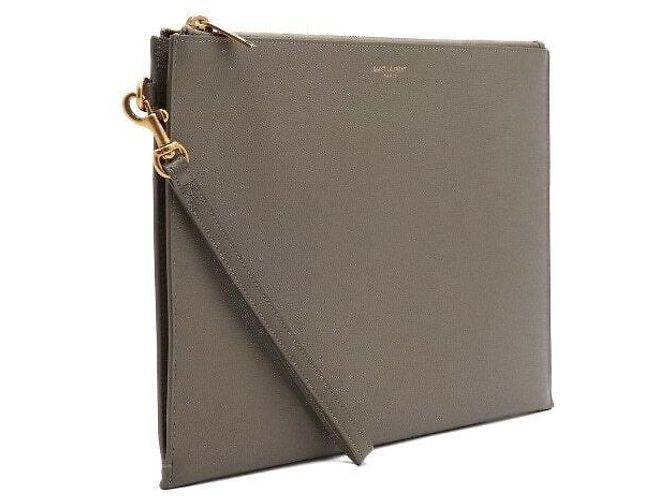 Saint Laurent Borsa Clutch in pelle kaki con tracolla per tablet - vista 4