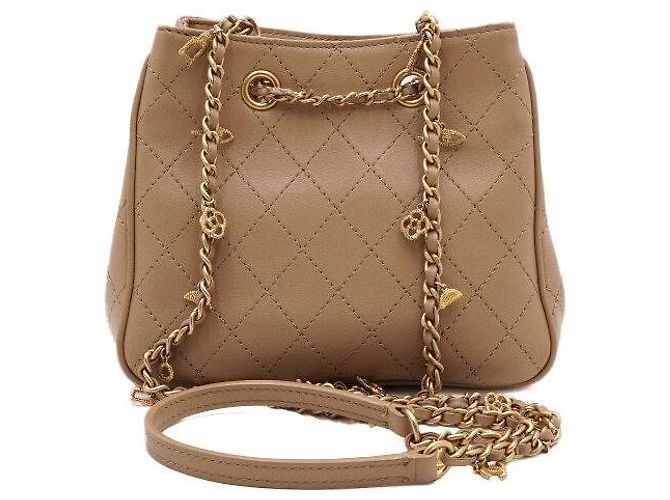 Chanel Bolsa de ombro em couro de bezerro acolchoado bege com cordão e corrente dourada Marrom - vista 4