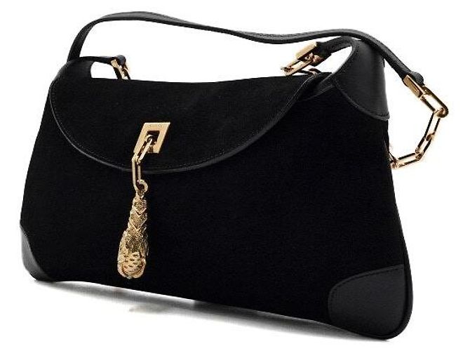 Gucci Borsa a spalla e crossbody con patta in camoscio nero, logo e ciondolo tigre dorato - vista 2