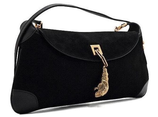 Gucci Borsa a spalla e crossbody con patta in camoscio nero, logo e ciondolo tigre dorato - vista 3