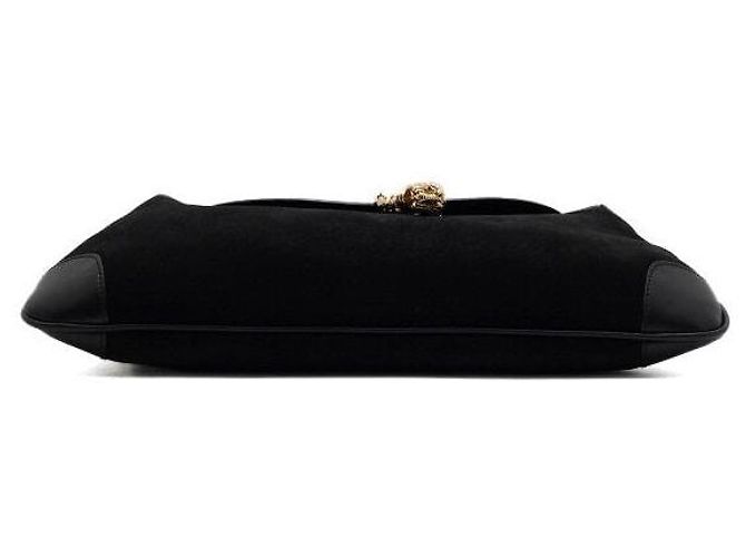 Gucci Borsa a spalla e crossbody con patta in camoscio nero, logo e ciondolo tigre dorato - vista 7
