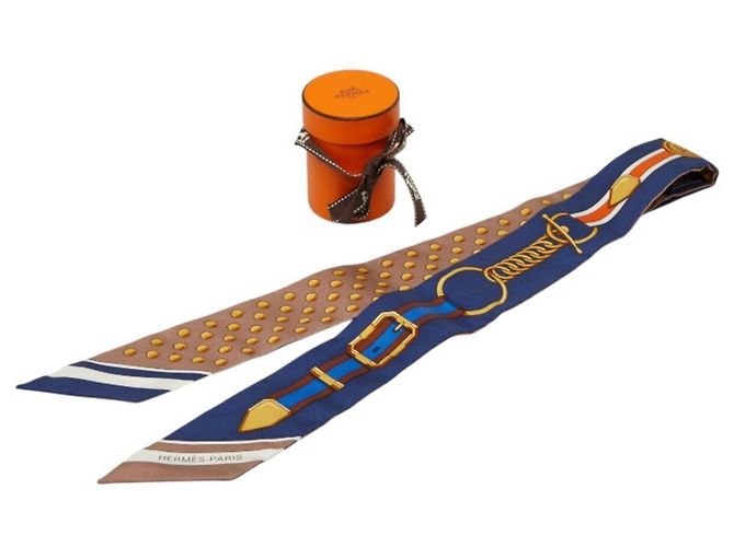 Hermès Hermes Twilly Grand Tralala Schal Beige Marineblau - Ansicht 6