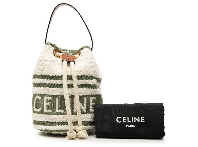 Céline Bolso Celine Teen Drawstring Logo Blanco Verde Crudo - vista 8
