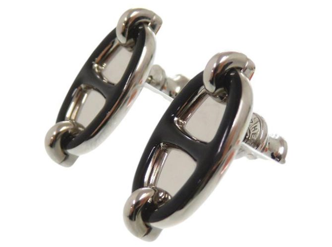 Hermès Boucles d'oreilles puces Hermes Mini Maillon Noir Argenté - vue 4