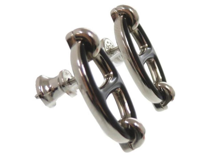 Hermès Boucles d'oreilles puces Hermes Mini Maillon Noir Argenté - vue 5