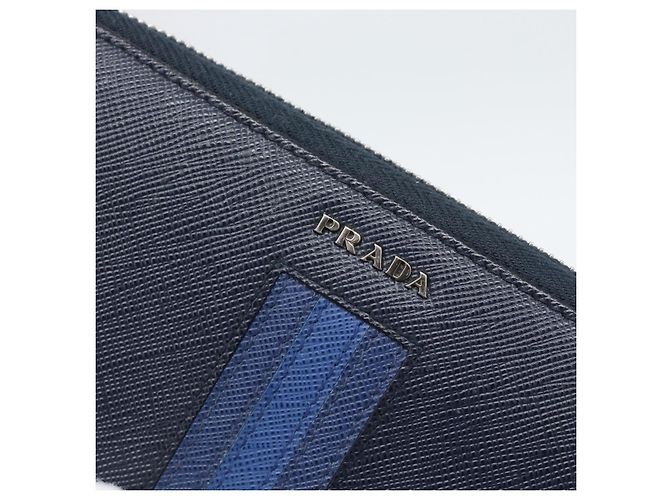 PRADA Long Wallet Saffiano Leder Navy Silver Auth 196073A Silber Marineblau - Ansicht 17