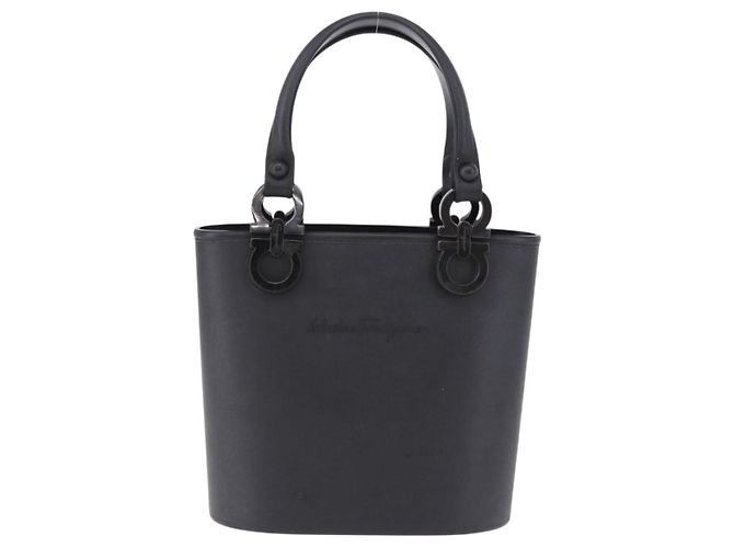 Salvatore Ferragamo Gancini Hand Bag Rubber Black Auth 195426A - view 13