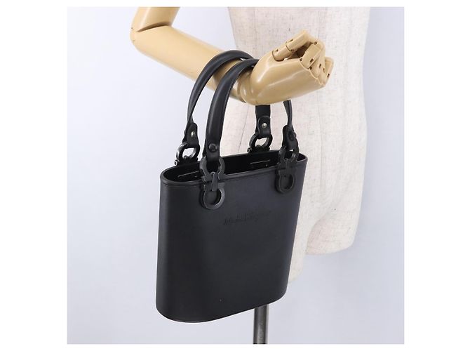 Salvatore Ferragamo Gancini Hand Bag Rubber Black Auth 195426A - view 20
