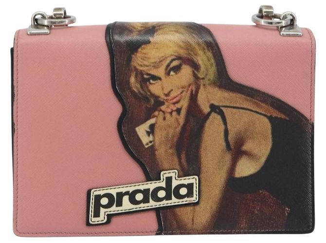 Borsa a tracolla con catena PRADA pelle Saffiano Rosa Argento Auth 195095A - vista 13