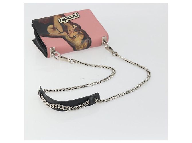 Borsa a tracolla con catena PRADA pelle Saffiano Rosa Argento Auth 195095A - vista 7