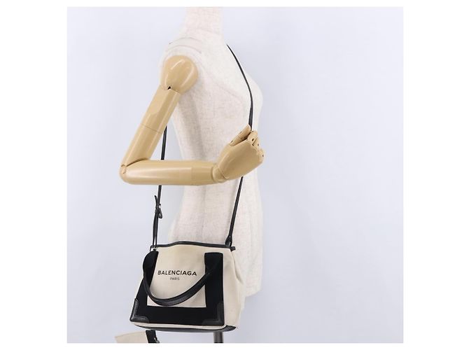 Borsa Cabas XS BALENCIAGA in tela e pelle bianca, blu navy e argento 390346 Auth ka5679 Bianco - vista 24