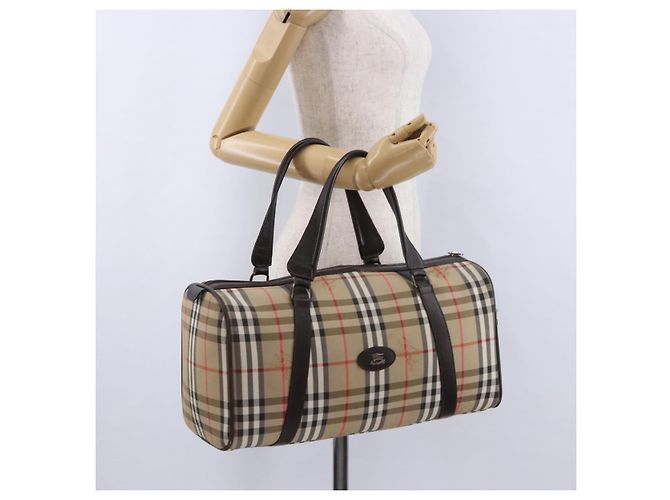 Borsa Boston Burberrys Nova Check Canvas Beige Gold Auth 195967A D'oro - vista 21