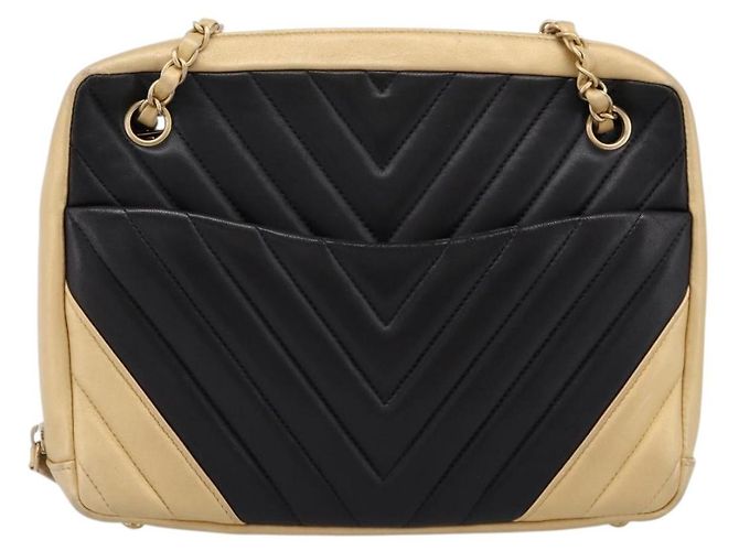 Borsa a tracolla con catena CHANEL V Stitch in pelle d'agnello Beige Gold CC Auth ka5675V D'oro - vista 13
