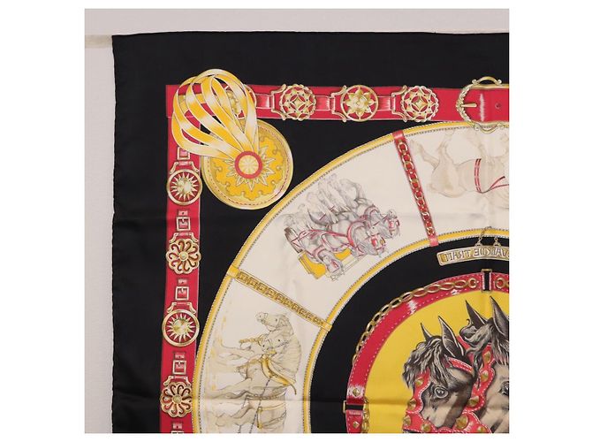 Hermès Foulard HERMES Carre 90 «CHEVAUX DE TRAIT» Seta Nero Auth 195641M - vista 14