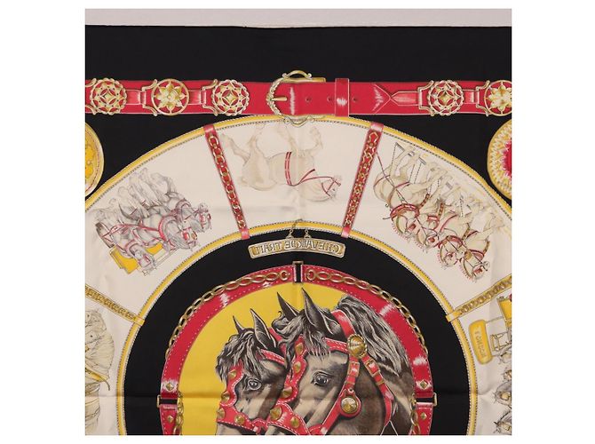 Hermès Foulard HERMES Carre 90 «CHEVAUX DE TRAIT» Seta Nero Auth 195641M - vista 15