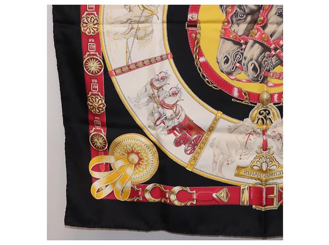 Hermès Foulard HERMES Carre 90 «CHEVAUX DE TRAIT» Seta Nero Auth 195641M - vista 20