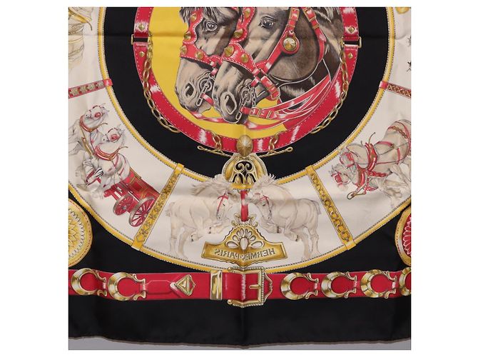 Hermès Foulard HERMES Carre 90 «CHEVAUX DE TRAIT» Seta Nero Auth 195641M - vista 21