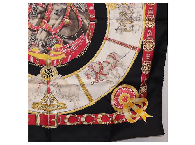 Hermès Foulard HERMES Carre 90 «CHEVAUX DE TRAIT» Seta Nero Auth 195641M - vista 22