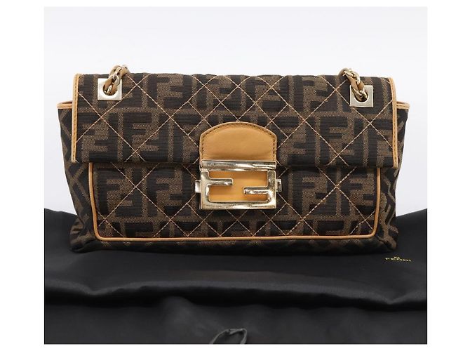 Borsa a tracolla con catena FENDI Zucca Canvas Nero e Marrone Auth 195522V - vista 12