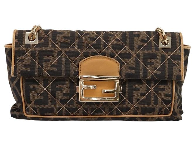 Borsa a tracolla con catena FENDI Zucca Canvas Nero e Marrone Auth 195522V - vista 13