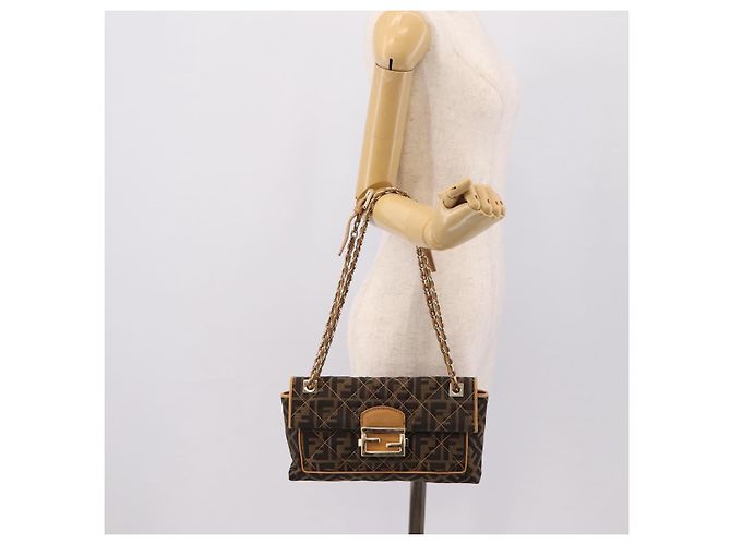 Borsa a tracolla con catena FENDI Zucca Canvas Nero e Marrone Auth 195522V - vista 23