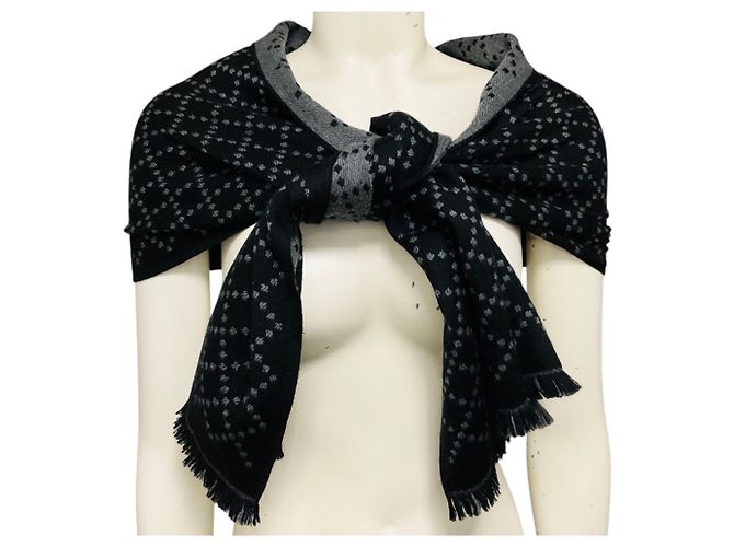 Sciarpa in lana Gucci Black / Grey GG Logo con bordo frangiato Nero - vista 2