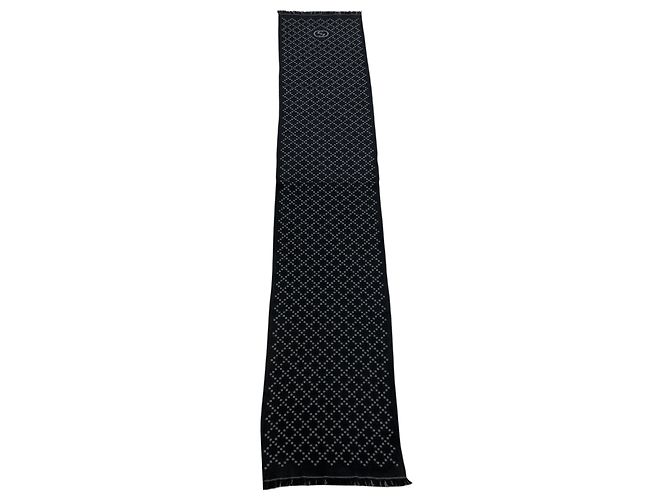 Sciarpa in lana Gucci Black / Grey GG Logo con bordo frangiato Nero - vista 6
