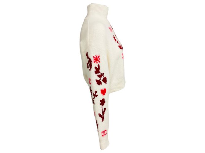 Chanel Intarsia-Kaschmir-Strickpullover in Elfenbein / Rot / Burgunderrot mit Kristall-CC-Logo Beige - Ansicht 2
