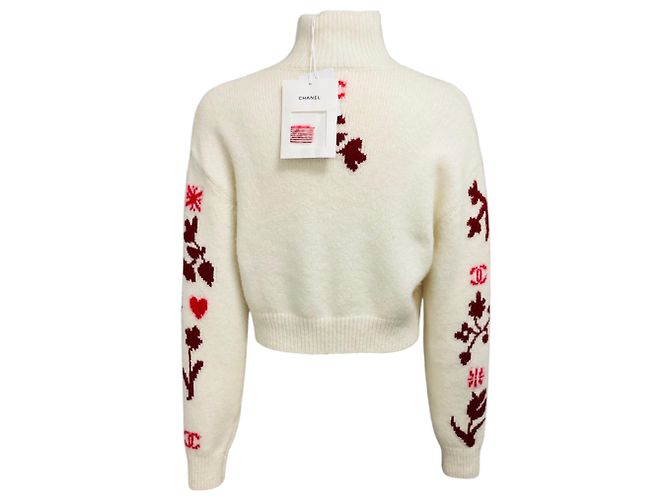 Chanel Intarsia-Kaschmir-Strickpullover in Elfenbein / Rot / Burgunderrot mit Kristall-CC-Logo Beige - Ansicht 3